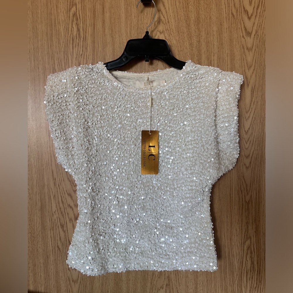 LC Cream White Sequin Puffed Shoulder Blouse Top  Women’s S